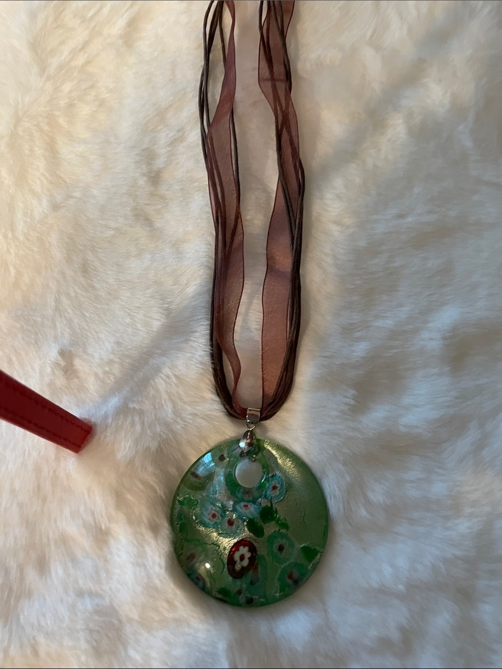 Green Floral Glass Pendant Necklace with Brown Ribbon